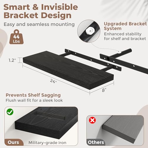 24 Inch Floating Shelves, 8"Deep Wall Shelf, 44 Lbs Capacity, Black, 2pcs - color: Black, size: 24"Wx8"Dx1.2"H