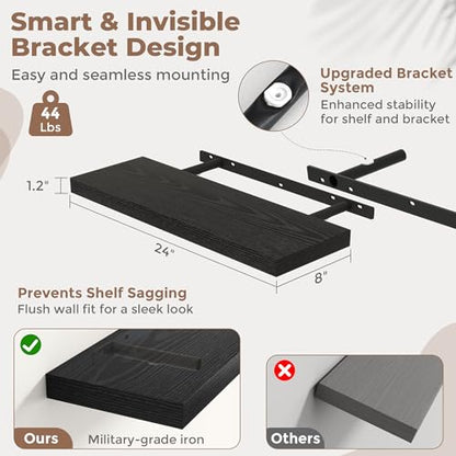 24 Inch Floating Shelves, 8"Deep Wall Shelf, 44 Lbs Capacity, Black, 2pcs - color: Black, size: 24"Wx8"Dx1.2"H