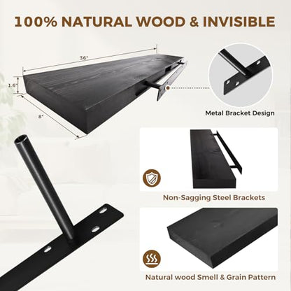 Solid Wood Floating Shelves, 36 Inch Wall Shelves, Set of 2, Black - color: Black, size: 36x8x1.6