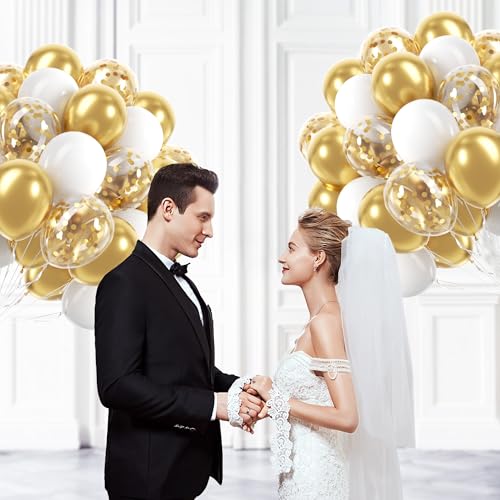 60pcs Gold and White Balloons 12inch with Metallic Gold Confetti Balloons - color: White Gold