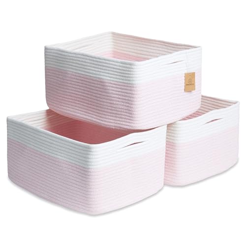 NaturalCozy Storage Baskets 16.8”x13”x7.6” Cotton Rope Woven Baskets for Organizing 3-Pack | Toy Storage Bins | Basket for Shelves, Laundry, Blanket, Clothes, Closet, Kitchen, Bathroom, Gifts - color: Off White & Mixed Pink