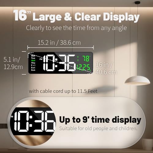 Digital Wall Clock with Automatic Brightness - LED Large Display Silent Clock for Living Room Bedroom Kitchen, Silent Wall Clock with Date Temperature, Decorative Digital Clock for Home Office