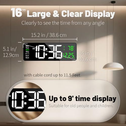 Digital Wall Clock with Automatic Brightness - LED Large Display Silent Clock for Living Room Bedroom Kitchen, Silent Wall Clock with Date Temperature, Decorative Digital Clock for Home Office