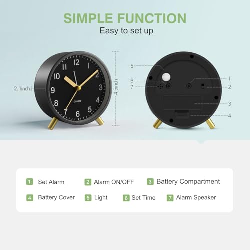 Silent Analog Quartz Kids Alarm Clock, Round Metal, Night Light - color: Black