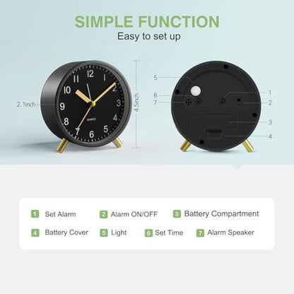 Silent Analog Quartz Kids Alarm Clock, Round Metal, Night Light - color: Black
