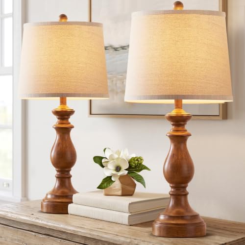 PARTPHONER Traditional Table Lamp Set of 2, Rustic Farmhouse Table Lamps for Living Room Bedroom, 27" Bedside Desk Lamps Vintage Nightstand Lamps with Linen Shades, Wood Grain - color: Wood Grain, size: 27 Inch