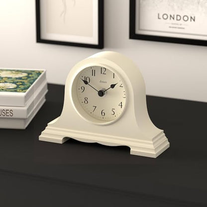 JONES CLOCKS® Speakeasy Small Mantel Clock | Classic Napoleon’s hat Design | Pale Cream | Contemporary Classic Style for Desk, Table, Shelf or Bedside - color: Linen White