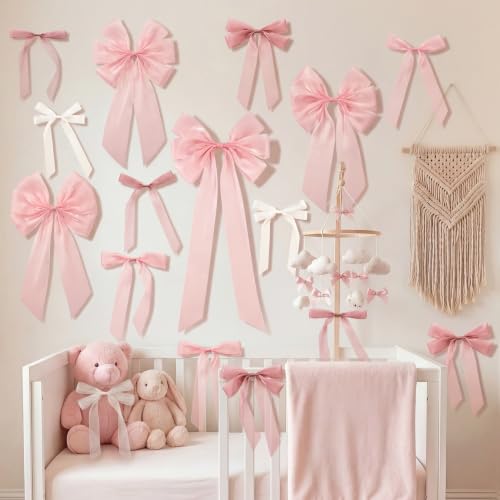 16pcs Pink Coquette Bow Wall Decor - Satin Silk Ribbon Bow Garland Banner for Girls Birthday, Baby Shower Photo Backdrop, Aesthetic Room Decor & Gift Wrapping (Sticky Dots Included) - color: Pink Stain Silk, 16 Pcs