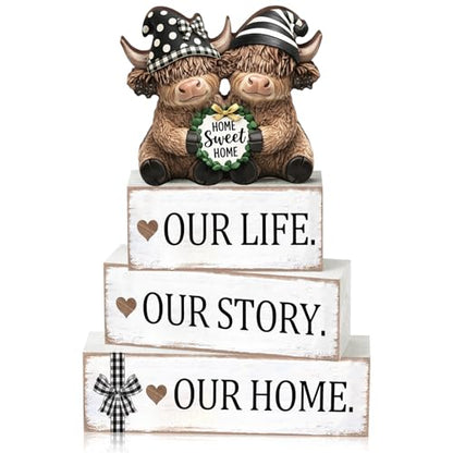 Yousoontic 4 Pcs Sweet Home Highland Cow Figurines, Rustic Farmhouse Decor - style: Home