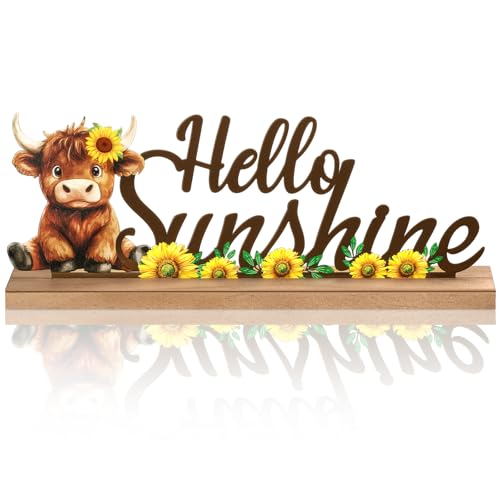 MiniInflat Sunflower Highland Cow Table Decor Hello Sunshine Metal Sign - style: Hello Sunshine