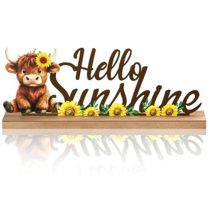 MiniInflat Sunflower Highland Cow Table Decor Hello Sunshine Metal Sign - style: Hello Sunshine