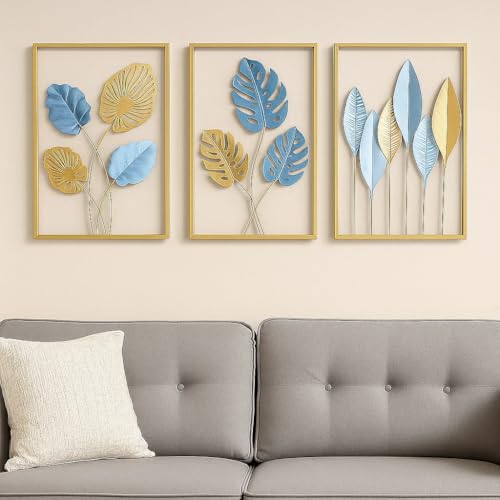 Bohemian 3D Metal Leaf Gold Wall Art Set of 3 | Boho Hallway Wall Hanging Home Decor for Farmhouse Living Room, Office, Bedroom, Indoor, Outdoor | Large Modern Minimalist Gold Metal Wall Sculptures(16x11")