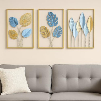 Bohemian 3D Metal Leaf Gold Wall Art Set of 3 | Boho Hallway Wall Hanging Home Decor for Farmhouse Living Room, Office, Bedroom, Indoor, Outdoor | Large Modern Minimalist Gold Metal Wall Sculptures(16x11")