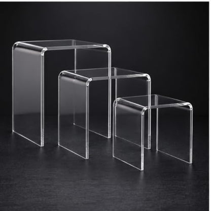 Clear Acrylic Display Risers Set of 3, Assorted 4 5 6 Inch Retail Pedestals, Transparent Tabletop Stands for Jewelry, Figurines, Crafts, Collectibles, Store Fixtures, Dessert Table and Product Displays