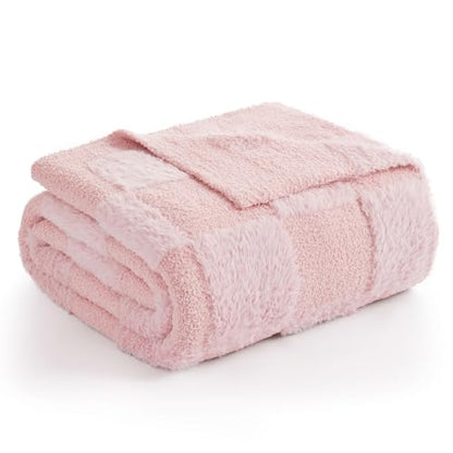 Snuggle Sac Faux Fur Pink Checkered Blanket Twin Size with Soft Knitted Microfiber Fabric,Cozy Soft Warm Blanket for Sofa Bedroom Living Room,Solid Pink,60x80 inches - color: Solid Pink, size: Twin(60"x80")