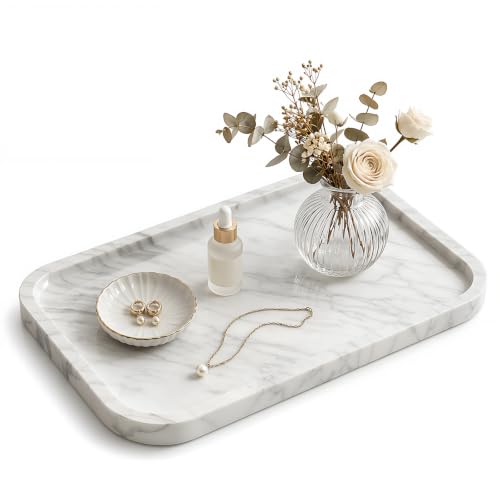 Marble Bathroom Tray, Rectangular Marble Tray with Non-Slip Base - color: Greyish White