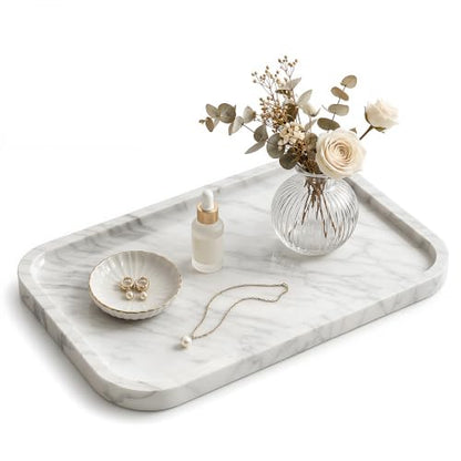 Marble Bathroom Tray, Rectangular Marble Tray with Non-Slip Base - color: Greyish White