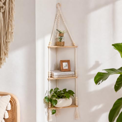 Artilady Macrame Corner Shelf Wall Hanging 3-Tier Adjust Boho Storage Decor - color: Beige 3-tier Beads