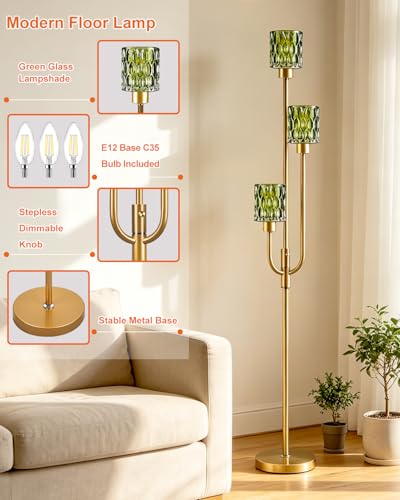 66IN Glass Floor Lamp 3-Light Modern Green Glass Gold Dimmable Floor Lamps - color: Green Cylinder-Gold
