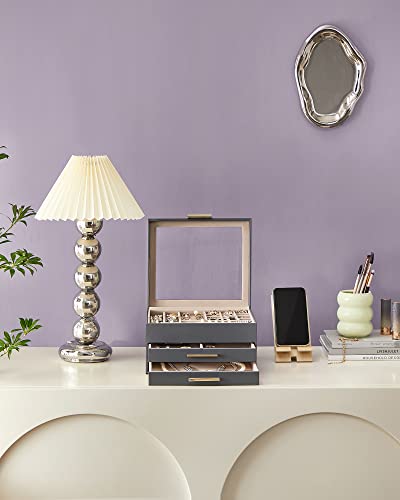 SONGMICS Jewelry Box Organizer, 3-Layer Storage with 2 Drawers, Glass Lid - color: Gray + Gold, size: 3 Layer (8"d X 9.1"w)