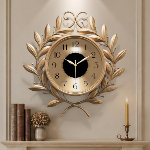Vintage Silent Wall Clock with Metal Frame,20"×21.2"Elegant Retro Large - color: Gold, size: Large