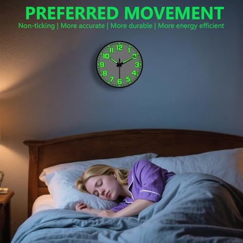 Glow in the Dark Wall Clock Non Ticking, 10 inch Silent Wall Clocks Battery Operated, Large Number Tempered Glass, Round Night Light Analog Clock for Bedroom Living Room Kitchen Office, White - color: White Green, size: 10 Inch