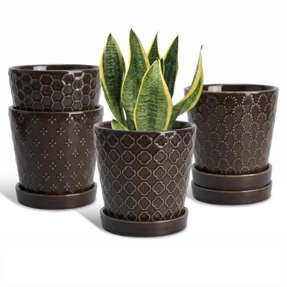 EFISPSS Ceramic Plant Pots, 5 Inch Planters with Drainage Holes and Ceramic Tray, Relief Design Flower Planter, Desktop Office Windowsill Decoration Gift Set of 4 - Black - color: Black