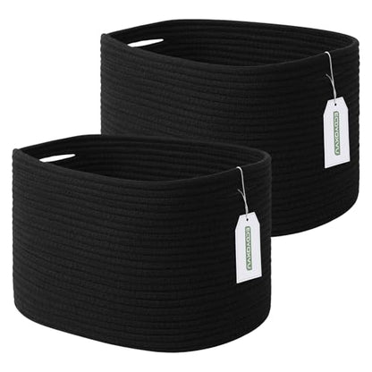 ECDYQXVU 15x10x9 Inch Woven Cotton Rope Storage Basket, Black, 2 Pack - color: Black, size: 2 Pack