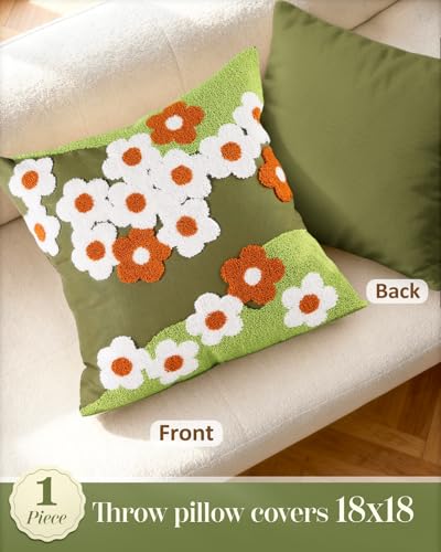 Embroidered Throw Pillow Cover, 18x18 Inch, Green Daisy - color: Green-flowers, size: 18" x 18" (Pack of 1)