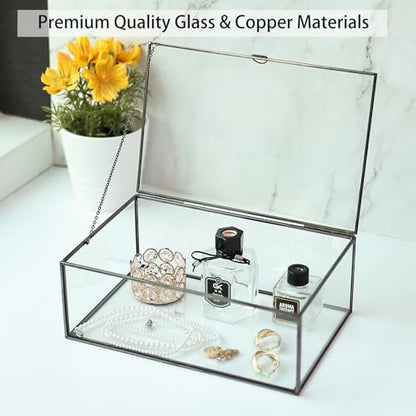 Glass Jewelry Display Box with Hinged Lid, Keepsake Box, Clear Card Box - color: Black, size: Large