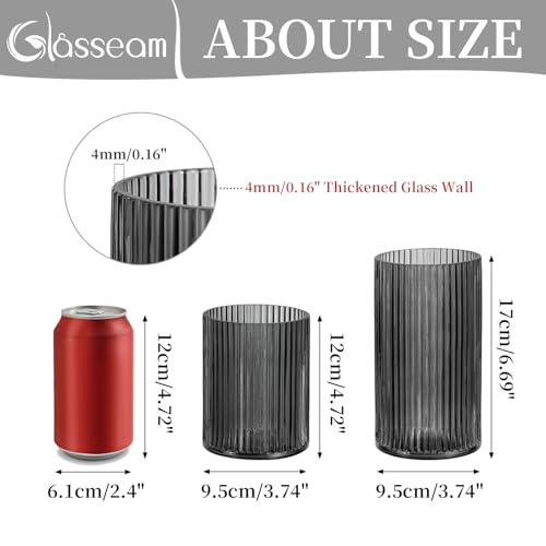 Glasseam Hurricane Glass Candle Holders: 2 Pcs Ribbed Cylinder Grey Vases