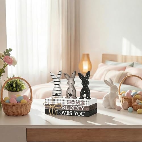 Smile Easter Wooden Stack, Rustic Bunny Mini Faux Books Bundle, Spring Tiered Tray Decorations, Indoor Decor for Kitchen Bathroom and Home Table Shelf - style: Classic Bunny