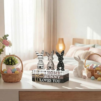 Smile Easter Wooden Stack, Rustic Bunny Mini Faux Books Bundle, Spring Tiered Tray Decorations, Indoor Decor for Kitchen Bathroom and Home Table Shelf - style: Classic Bunny