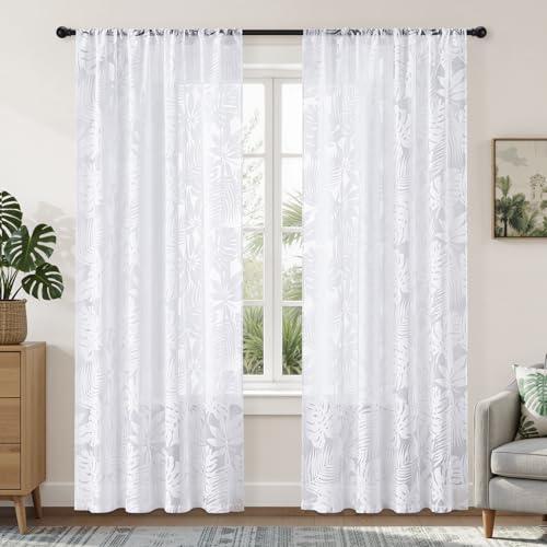 HOMEIDEAS White Semi Sheer Curtains Tropical Monstera Palm, 52 X 96 Inch - color: White - Monstera Palm Leaf, size: 52"W x 96"L (Pack of 2)
