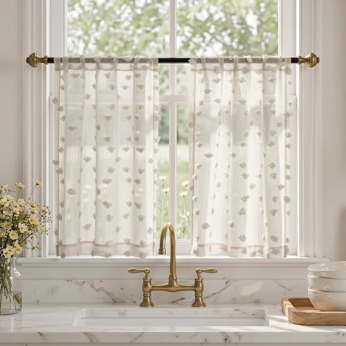 MYSKY HOME Beige Sheer Curtains 36 inch Length for Small Window,2 Panels - color: 1-wood Beige, size: 26"W x 36"L (Pack of 2)