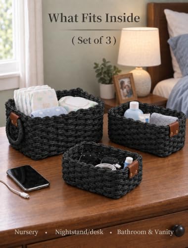 Small Wicker Baskets, 3 PCS Paper Rope Baskets for Shelves, Black - color: Black