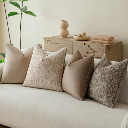 a moment Neutral Khaki Brown 4 Pack Throw Pillow Covers - Chenille & Velvet Set with Piping, Farmhouse Textured Design Pillow Cases for Couch Sofa Bed Livingroom (16x16 Inch, No Insert) - color: Neutral Khaki Brown, size: 16" x 16" (Pack of 4)