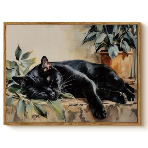 HUARCEY 12x16 Vintage Framed Black Cat Canvas Wall Art, Sleeping Cat Paint - color: Black Cat, size: 16"L x 12"W
