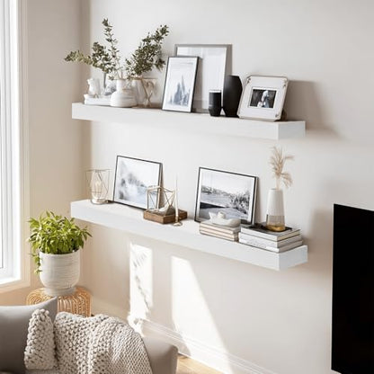 Solid Wood Floating Shelves, 36 Inch Wall Shelves, Set of 2, White - color: White, size: 36x8x1.6