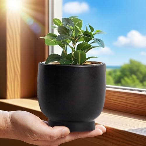 Black Ceramic Planter - Succulent Flower Small Plant Pots, Pot for Indoor Outdoor Garden Plants with Drainage Holes - Plants Not Included 4.33 X4.33 Inch - color: Black