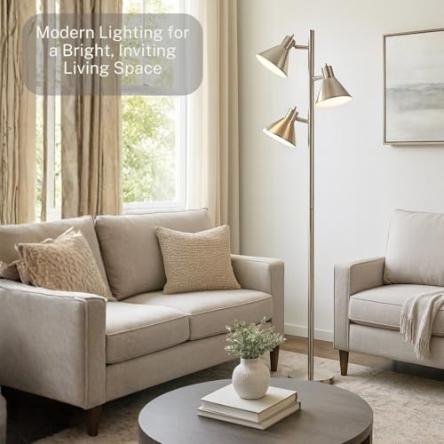 LIGHTACCENTS Tree Floor Lamp, Brushed Nickel - Modern Pole Lamp with 3 Adjustable Reading Lights - 64 inch Stand Lamp for Living Room, Bedroom, Dorm Room - color: Brushed Nickel