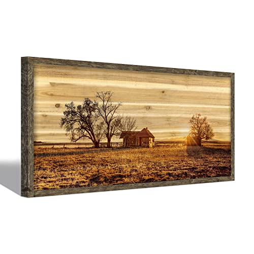 Farmhouse Wall Art Framed Picture: Large Country Farm Landscape Scene Wood Painting Decor Rustic Long Barn Old Cabin Print Horizontal Big Sunset Nature Countryside View Artwork for Living Room Bedroom - color: Farm 04, size: 48"L x 24"W