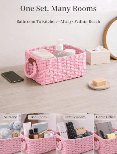 Small Wicker Baskets, 3 PCS Paper Rope Baskets for Shelves, Pink - color: Pink