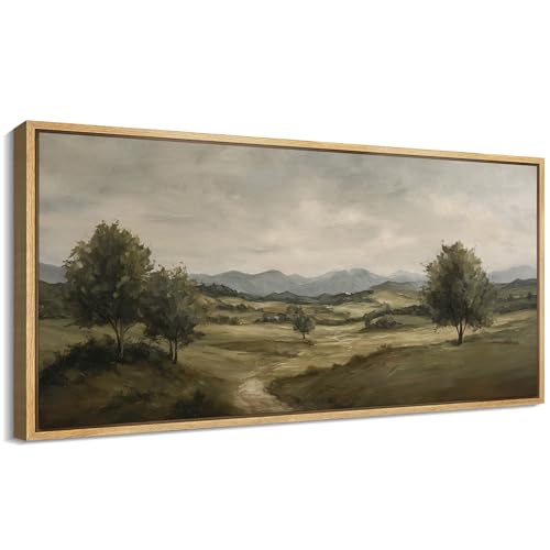 MUDECOR Extra Large Framed Canvas Print Wall Art Green Valley Tree Landscape Tranquil Countryside Illustrations Antique Retro Fine Art Illustrations Decorative Colorful for Bedroom - 60"x30" - color: AB06-2508-MAY02, size: 60"L x 30"W