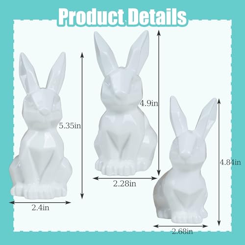 NEROSUN 3 Pack Easter Bunny Decorations, Ceramic White Rabbit Statues Ornaments, Lighted Bunny Table Centerpiece for Easter Party, Spring Home Decor and Shelf Display
