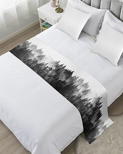 Black Forest Bed Runners for Queen Size Bed, Bed Throws for Foot of Bed, Black and White Natural Landscape Modern Abstract Art Bed Runner Sofa Throw Bedding Scarf Protector Slipcover for Bedroom - size: 83"x20" for Queen Bed