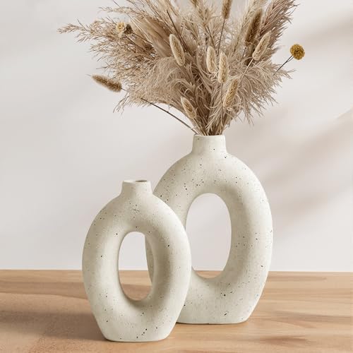 LE TAUCI Ceramic Vases Set of 2, Cream Hollow Donut Flower Vases, Nordic Boho Decor Decorative Centerpiece for Living Room, Table, Shelf, Mantel, Warm Ivory Speckled (H10.5”xW8.5”) - color: Warm Ivory Speckled