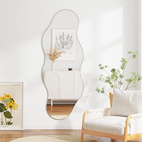 QDSSDECO 63" x 24" Full Length Mirror Irregular Wavy Mirror, Frameless - color: Cloud-2