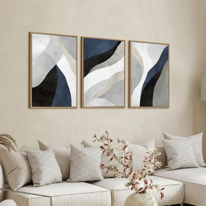 Large Abstract Framed Wall Art, Modern Blue Grey Canvas Pictures, 16"X24"X3 - color: Navy, size: 16" X 24" X 3pieces Framed