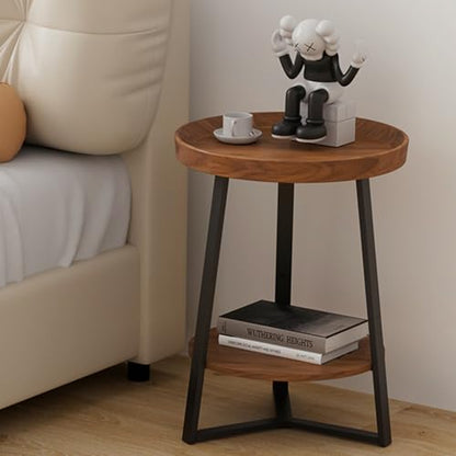 Gadroad Round End Table with Storage Shelf, Brown - color: Brown, size: 15.7"D x 15.7"W x 23"H (no Charging Station)